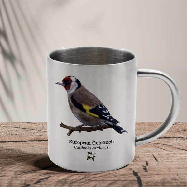 European goldfinch Carduelis carduelis metal mug